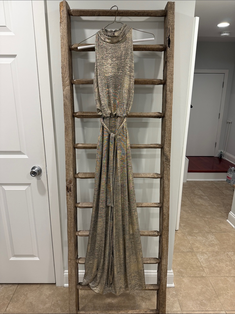 Vince Camuto Sleeveless Metallic Gold Evening Jumpsuit with Waist Tie, Size 4